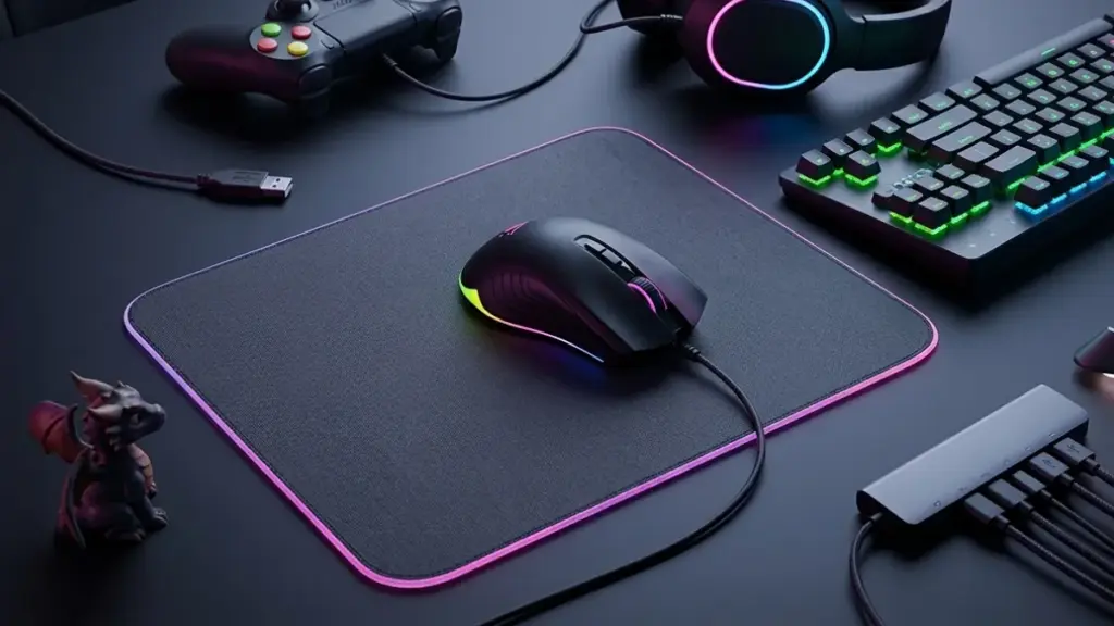 A black desk featuring a glowing mousepad, keyboard, headphones, and monitor