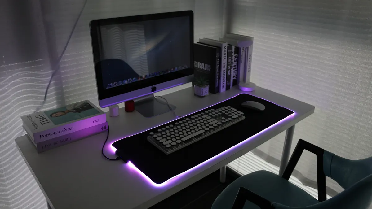 RGB lighting on extended gaming mouse pads with even edge illumination