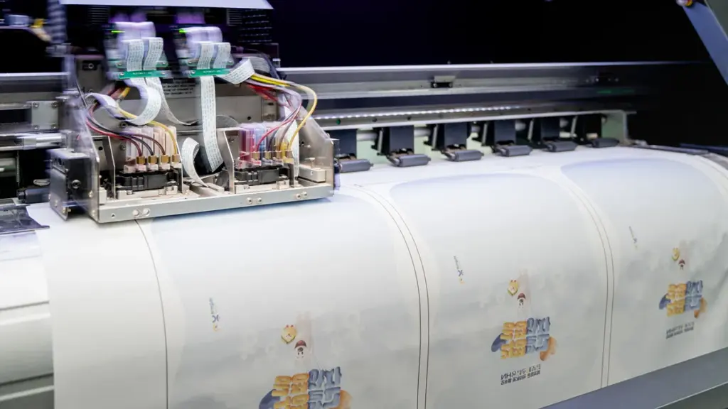 Close-up of digital inkjet printer printing colorful custom patterns
