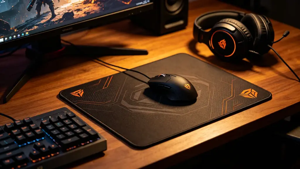 Gaming mouse on a pad with keyboard, monitor, and headset