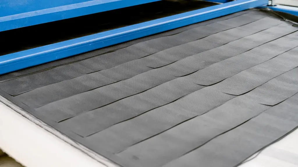 Industrial cutting machine processing mouse pad rubber base materials in a factory