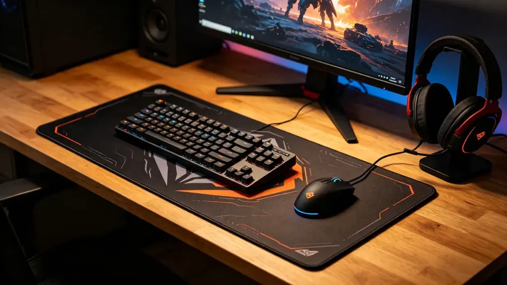 Mechanical keyboard and mouse on a large extended gaming mousepad