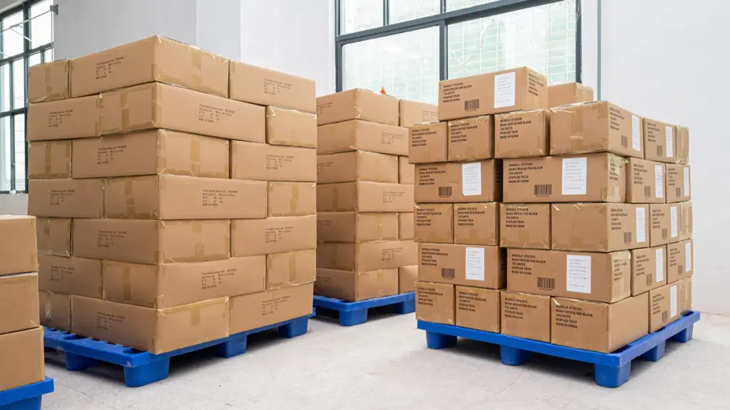 Stacked cardboard boxes neatly arranged on blue pallets in warehouse