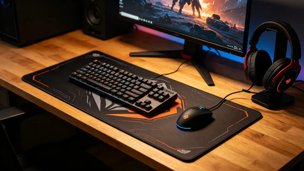 A gaming desk featuring a mechanical keyboard, RGB mouse on a large mousepad, and headphones on a stand next to a monitor