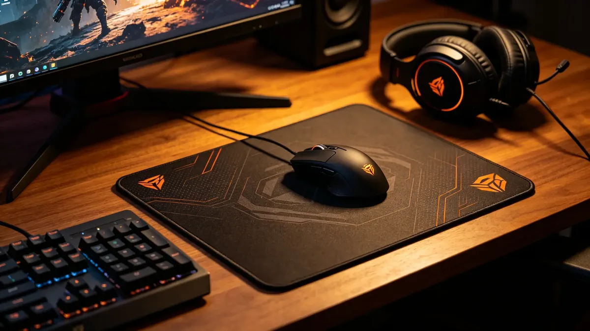 Custom logo gaming mouse pad with branded printed surface next to an RGB border