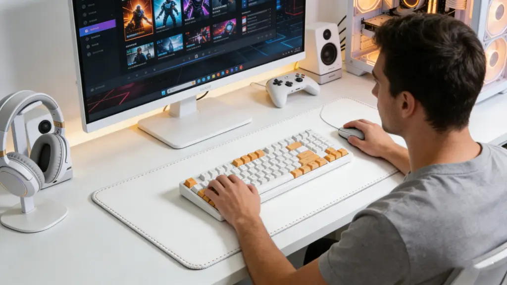 A person using a white mechanical keyboard at a clean gaming desk setup with a monitor, controller, and RGB PC.