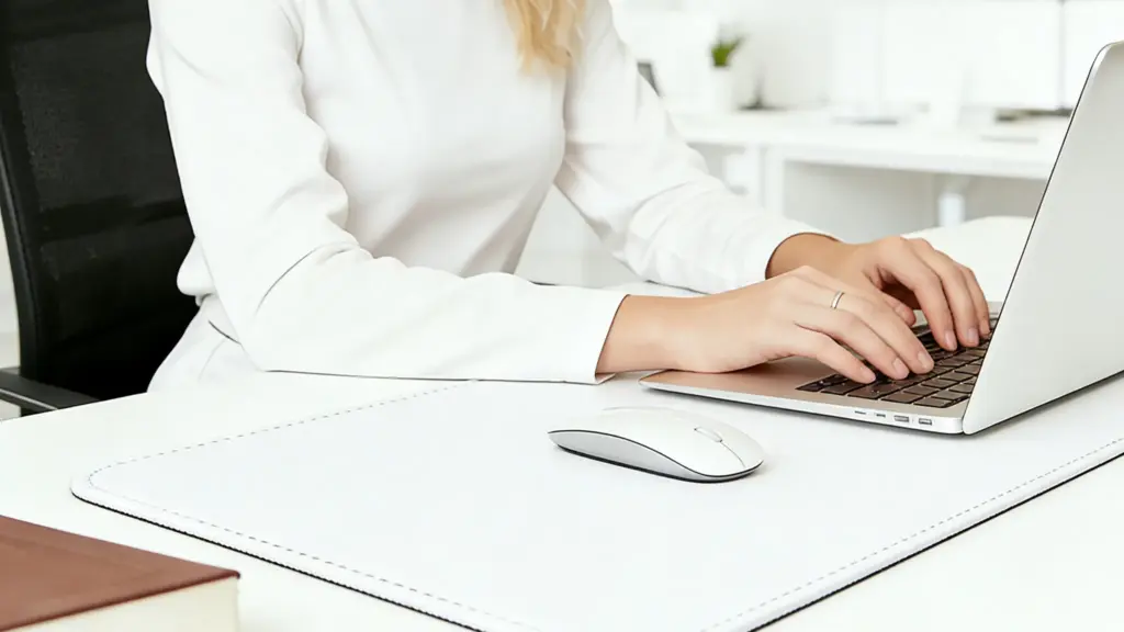A blonde woman in a white shirt typing on a laptop at a bright office desk